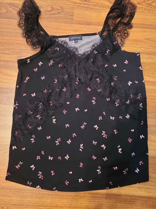 Warehouse One Tops - Black Floral Lace-Trim Camisole